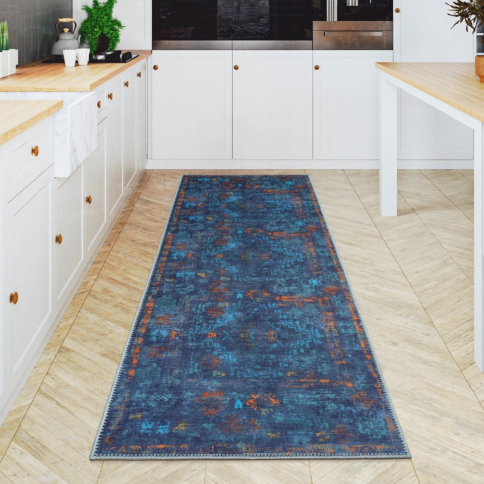Machine washable dark blue home rug